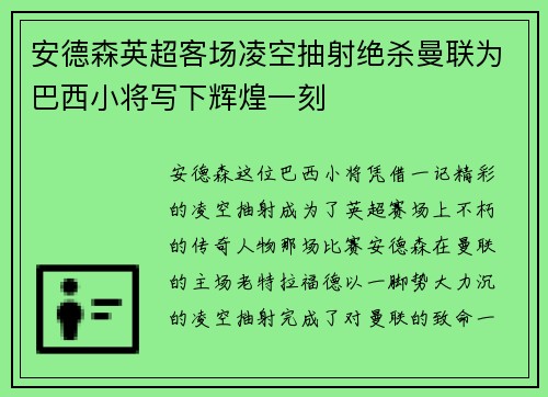 安德森英超客场凌空抽射绝杀曼联为巴西小将写下辉煌一刻 安德森英超客场凌空抽射绝杀曼联为巴西小将写下辉煌一刻
