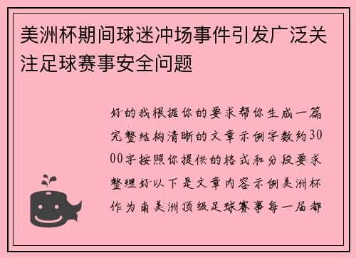 美洲杯期间球迷冲场事件引发广泛关注足球赛事安全问题